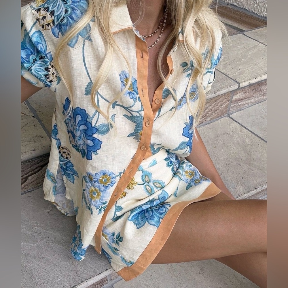 Floral Aloha Romper Skirt Set Button-Front in White and Blue- Peach Trim